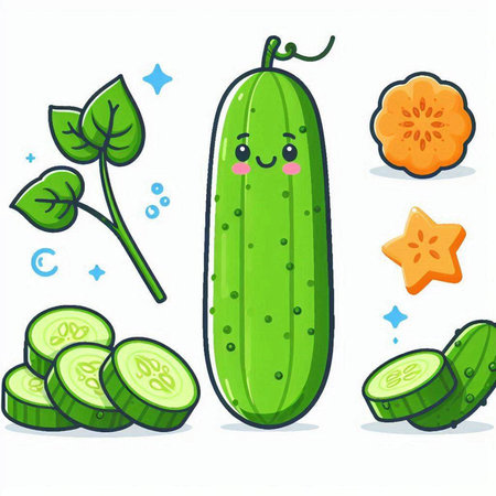 Cucumber character vector illustration. Cucumber vegetable cartoon characterのイラスト素材
