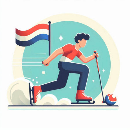 Vector illustration of a man skating on ice with the flag of Netherlandsのイラスト素材