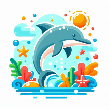 Dolphin swimming in the sea. Vector illustration in flat style.のイラスト素材