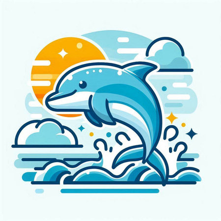 Dolphin jumping out of the water. Vector illustration in flat linear style.のイラスト素材