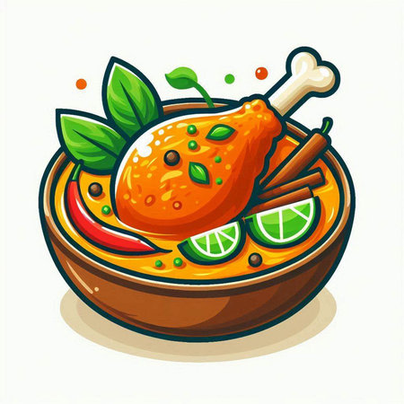 Illustration of a bowl of spicy chicken soup with lime and herbsのイラスト素材