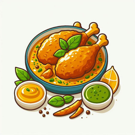 Illustration of a bowl of chicken curry with mustard and lemon juiceのイラスト素材