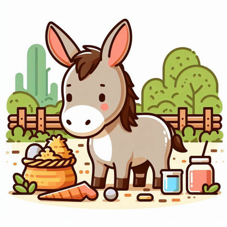 Donkey and food in the garden. Vector illustration in flat styleのイラスト素材