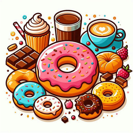 Coffee, donuts and sweets in cartoon style. Vector illustration.のイラスト素材