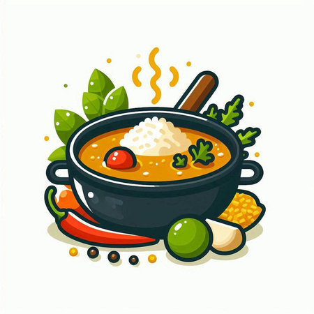 Soup with rice and vegetables. Vector illustration in cartoon style.のイラスト素材