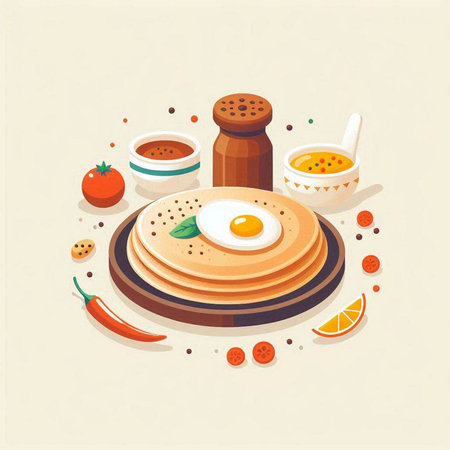 Flat design vector illustration of traditional indian breakfast. Pancakes with egg, pepper, salt, tomato and spices.のイラスト素材