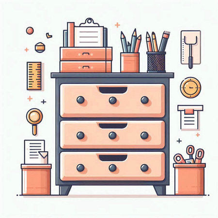 Drawer with drawers and stationery. Furniture for office. Vector illustrationのイラスト素材