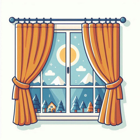 Window with curtains and winter landscape. Vector illustration in cartoon style.のイラスト素材