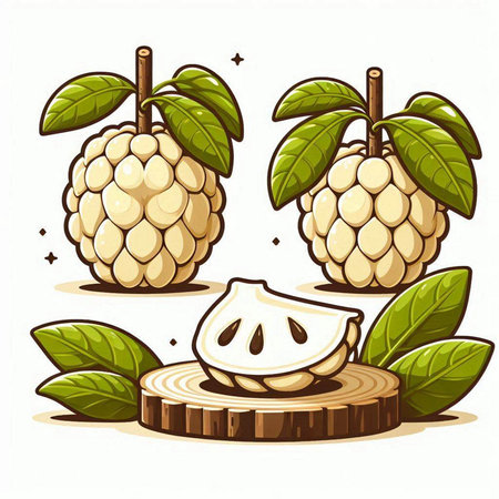 Custard apple fruit with leaves isolated on white background. Vector illustration.のイラスト素材