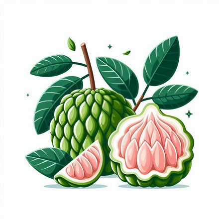 Vector illustration of whole and half of custard apple on white background.のイラスト素材