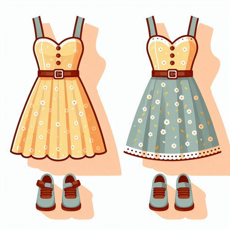Illustration of two women's dresses with floral pattern on a white backgroundのイラスト素材