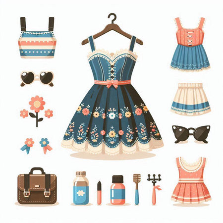 Set of cute retro fashion clothes. Vector illustration in cartoon style.のイラスト素材