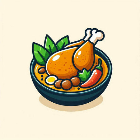 Illustration of a bowl of curry with chicken, egg and herbsのイラスト素材
