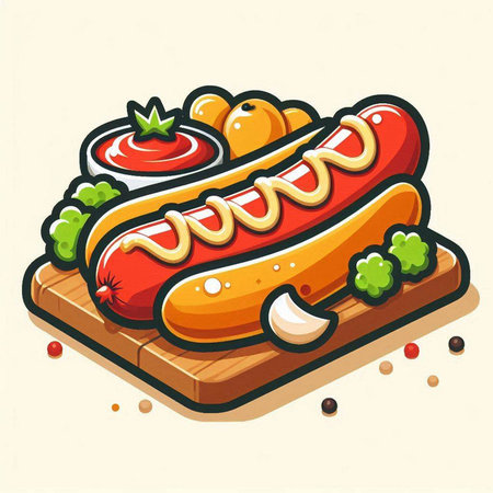 Illustration of a hot dog on a wooden board with vegetables.のイラスト素材