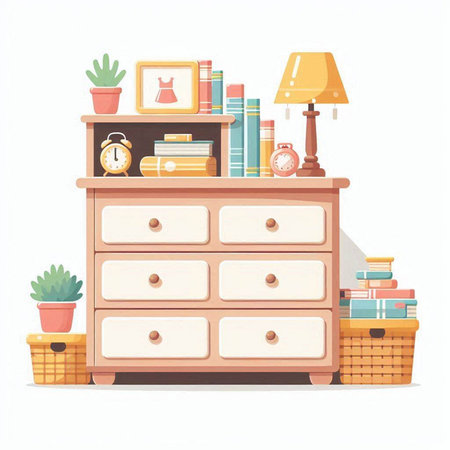 Furniture with books and accessories. Vector illustration in cartoon styleのイラスト素材