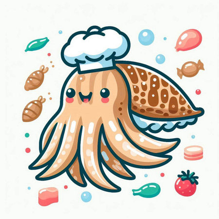 Cute cartoon octopus with chef hat and cooking ingredients. Vector illustration.のイラスト素材