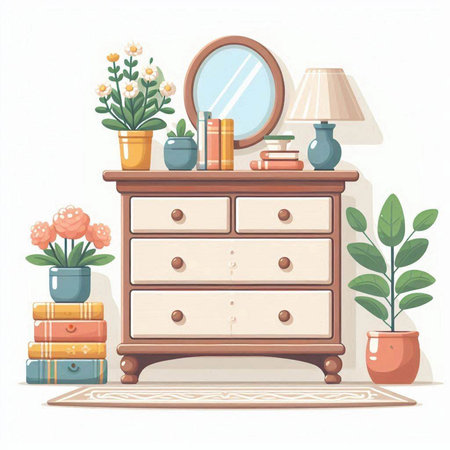Vector illustration of a chest of drawers with books and vasesのイラスト素材