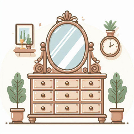 Vector illustration of a dressing table with a mirror in the interior.のイラスト素材