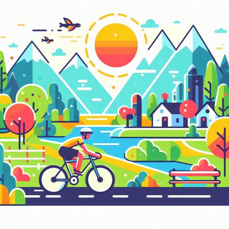 Cyclist riding bike in city park. Vector illustration in flat designのイラスト素材