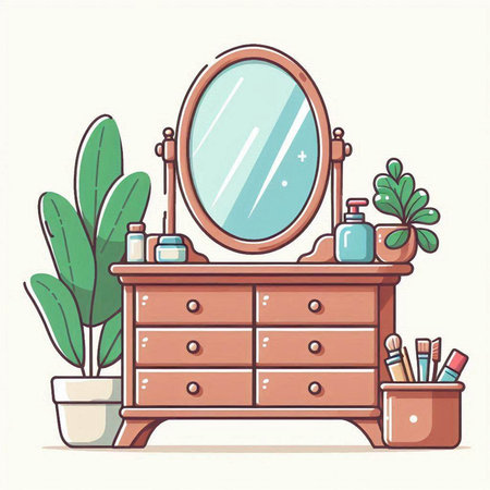 Vector illustration of a dressing table with a mirror, cosmetics and plants.のイラスト素材