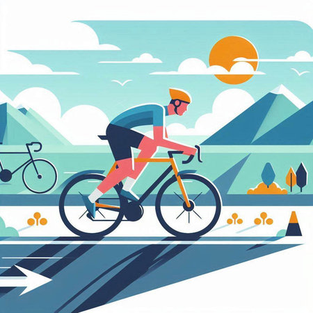 Cyclist riding on a road in the mountains. Vector illustrationのイラスト素材