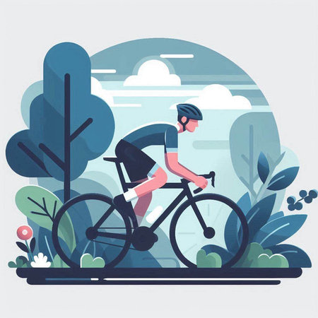 Cyclist riding bicycle in the park. Flat vector illustration.のイラスト素材