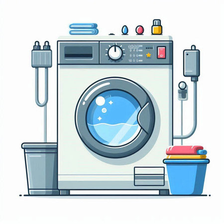 Washing machine and cleaning supplies. Vector illustration in cartoon style.のイラスト素材