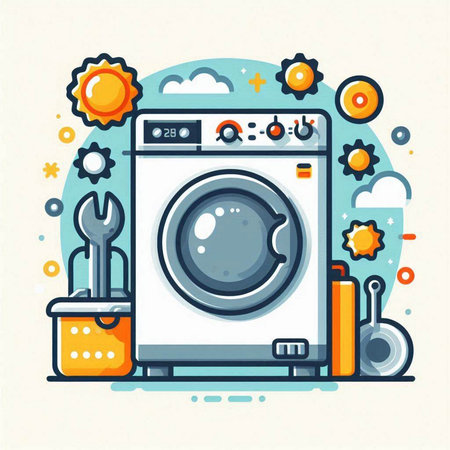 Washing machine and tools. Laundry service. Vector illustrationのイラスト素材