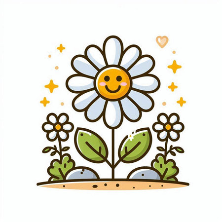 Cartoon daisy flower with hearts and stars. Vector illustration.のイラスト素材