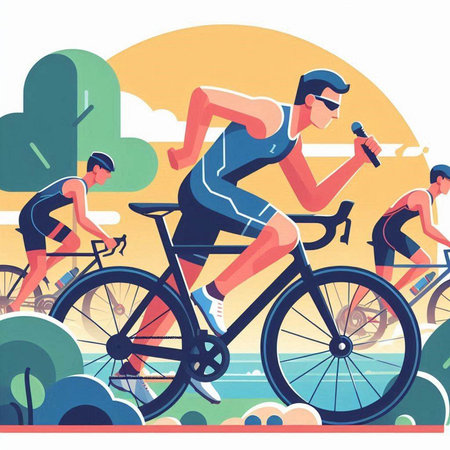 Cyclists on the beach. Vector illustration in flat style.のイラスト素材