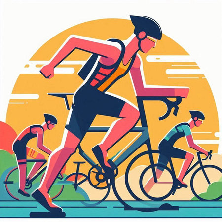 Cyclists on bicycles, flat vector illustration. Sport and healthy lifestyle.のイラスト素材