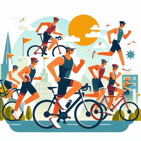 Vector illustration of a group of active people cycling in the city.のイラスト素材