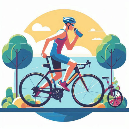 Cyclist drinking water in the park. Flat vector illustration.のイラスト素材