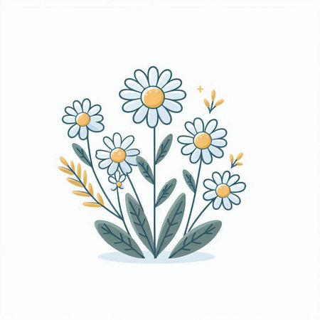 Daisy flowers with leaves. Vector illustration in doodle style.のイラスト素材