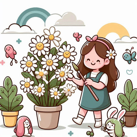 Cute little girl watering flowers in the garden. Vector illustration.のイラスト素材