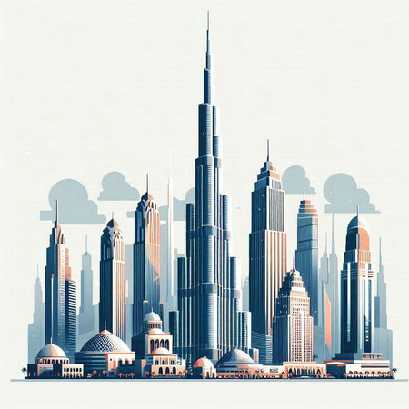 Dubai city skyline with skyscrapers. Vector illustration in vintage style.のイラスト素材