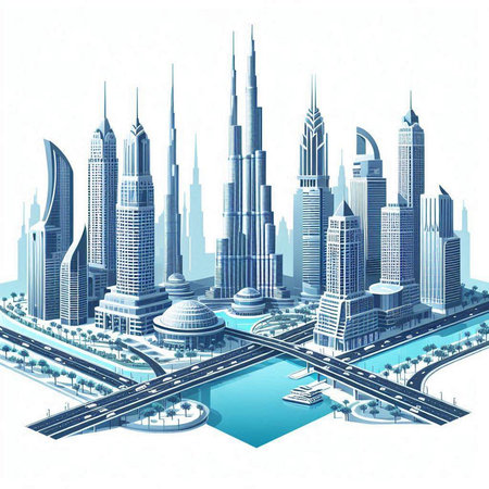 illustration of Dubai city with skyscrapers and roads, Dubai, United Arab Emiratesのイラスト素材