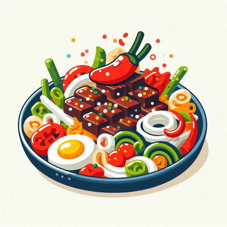 Illustration of a plate with fried eggs, vegetables and meat.のイラスト素材