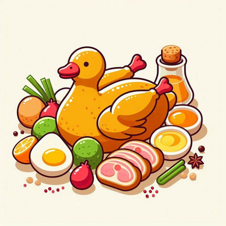 Illustration of chicken, eggs and vegetables on a white background.のイラスト素材