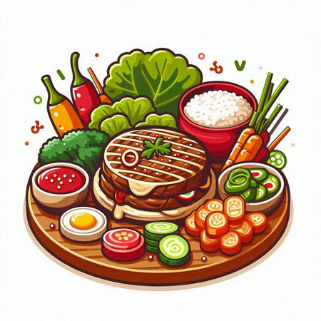 Steak with rice and vegetables on wooden board. Vector illustration.のイラスト素材