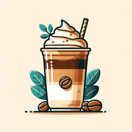 Coffee glass with whipped cream and coffee beans. Vector illustration.のイラスト素材