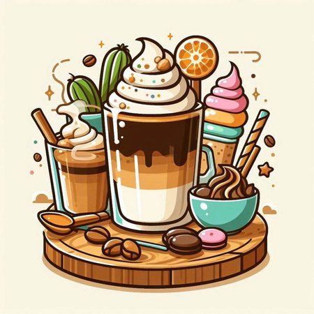 Illustration of a cup of coffee with ice cream, waffle cones and other sweetsのイラスト素材