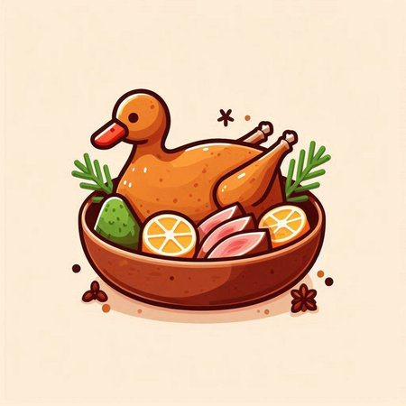 Illustration of a roasted duck in a wooden bowl. Vector illustration.のイラスト素材
