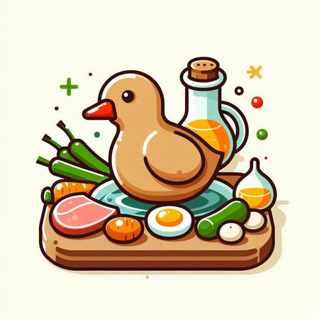 Illustration of a duck and ingredients for cooking. Vector illustration.のイラスト素材