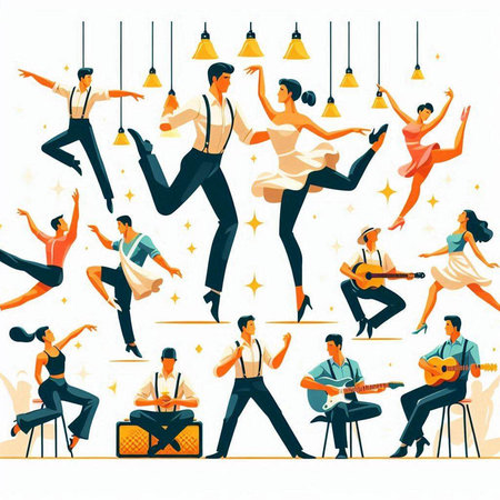 Vector illustration of a group of people dancing and playing musical instruments.のイラスト素材
