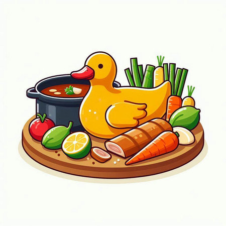 Illustration of a bowl of soup and a duck on a white backgroundのイラスト素材