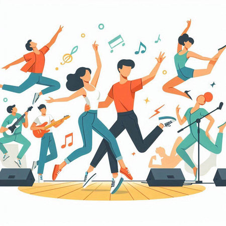 Vector illustration of group of young people dancing, singing, playing musical instruments.のイラスト素材