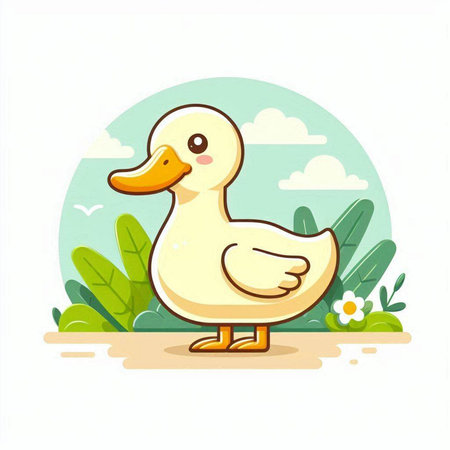 Duck on the background of nature. Vector illustration in cartoon style.のイラスト素材