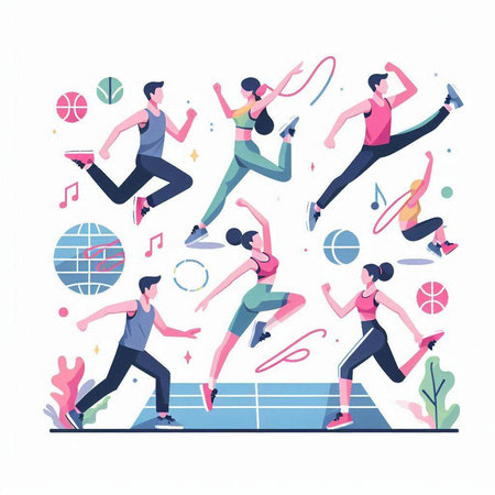 Sporty people running, jogging and jumping. Flat vector illustration.のイラスト素材