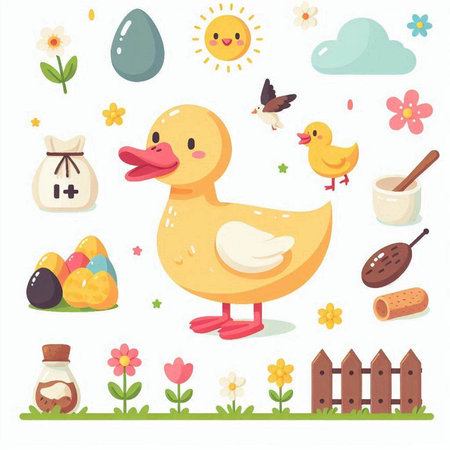Duck, easter eggs, spring flowers and sweets. Vector illustrationのイラスト素材